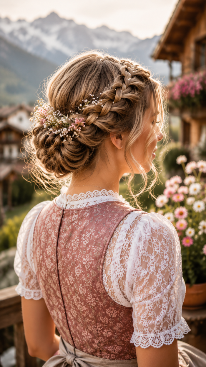 Platz 1 Einfache Dirndl Frisuren mit lockerem Flechtkranz 🥇