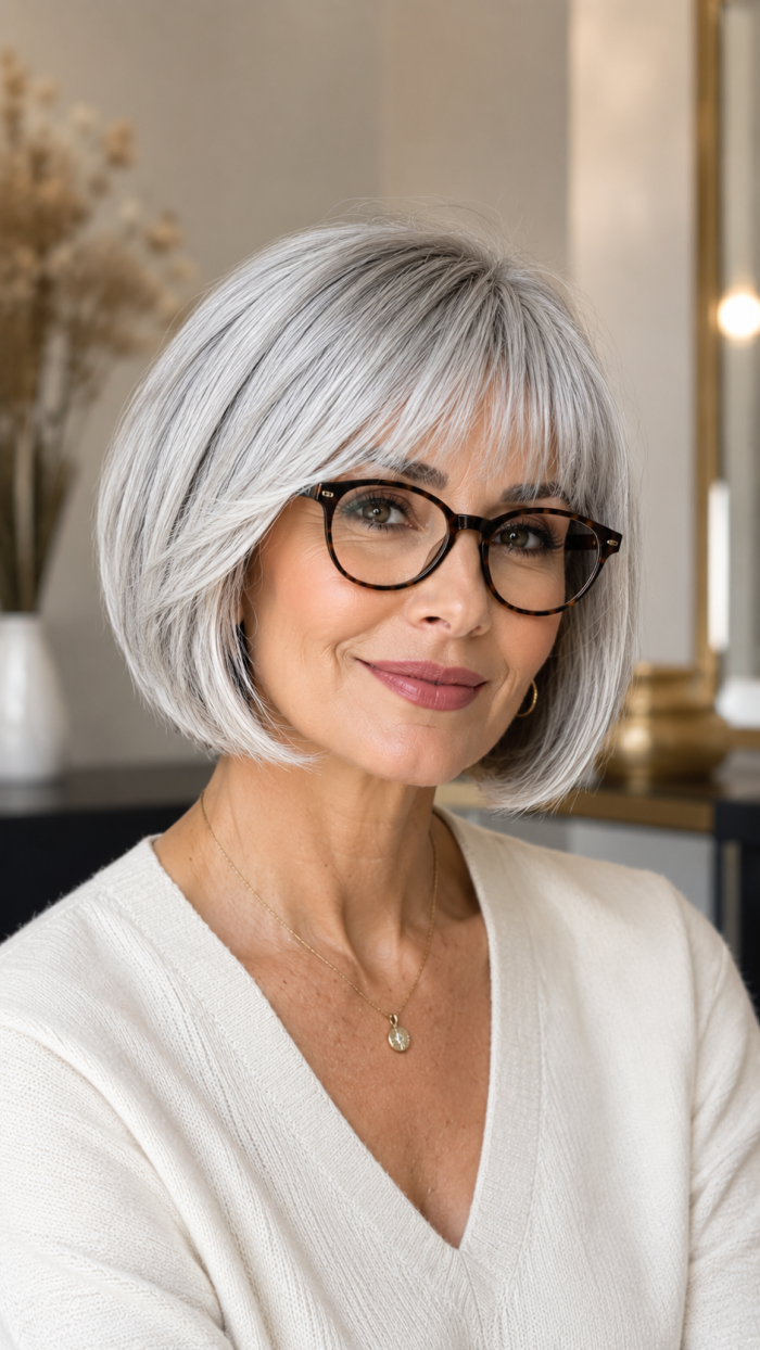 Platz 1 Französischer Bob Für Graue Haare Mit Brille 🥇