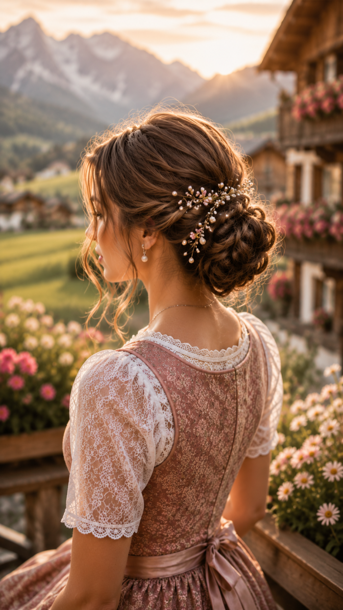 Platz 2 Einfache Dirndl Frisuren mit romantischem tiefem Dutt 🥈