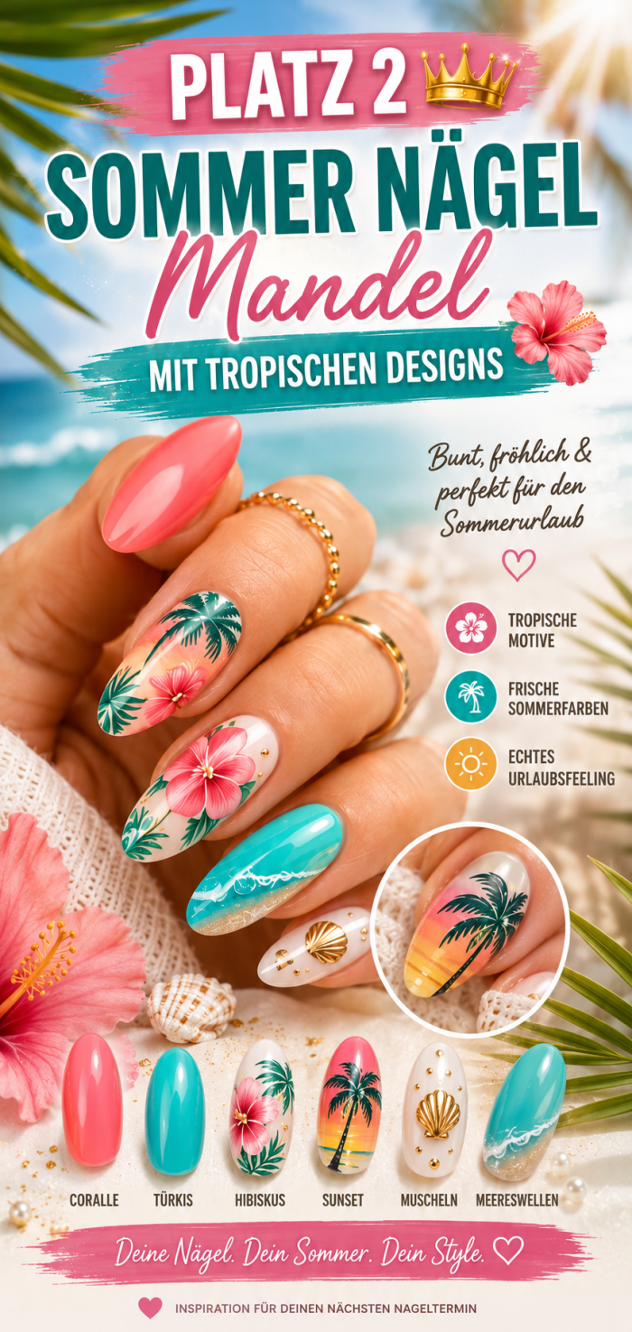 Platz 2 Sommer Nägel Mandel mit tropischen Designs
