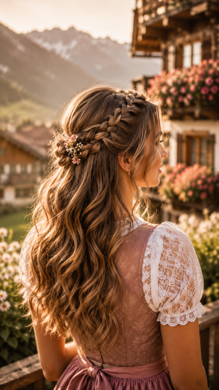 Platz 3 Einfache Dirndl Frisuren mit halb offenen Wellen und Flechtdetails 🥉