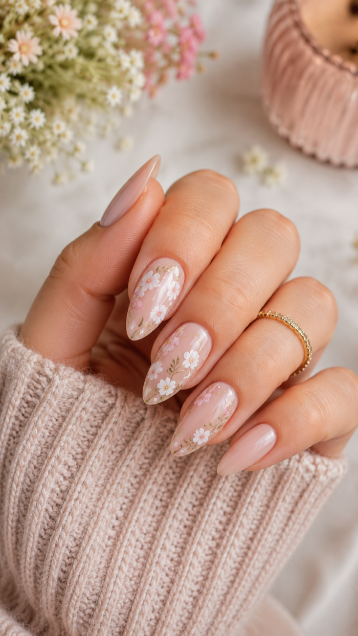 🥉 Platz 3 Florale Nägel Mandelform mit moderner Nail Art