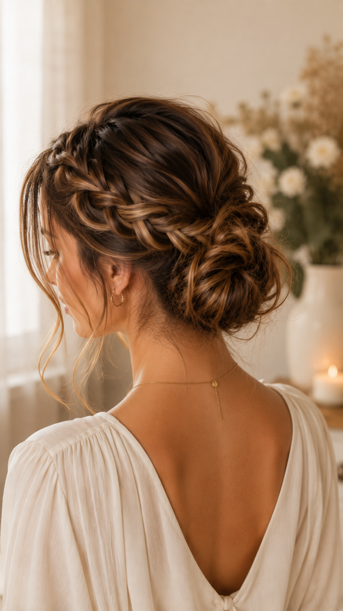 🥉 Platz 3 Geflochtener Messy Bun für romantische Leichtigkeit