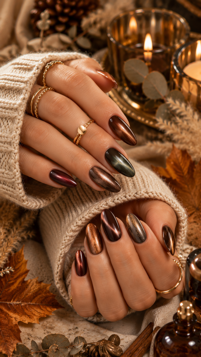 🥇 Platz 1 Herbst Nägel mit Velvet Effekt und luxuriösen Cat Eye Farben