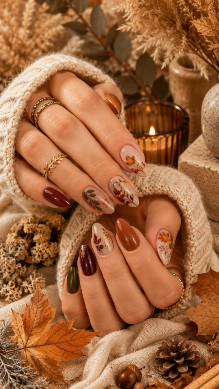 🥈 Platz 2 Herbst Nägel mit Blattmotiven und luxuriösen Naturdetails