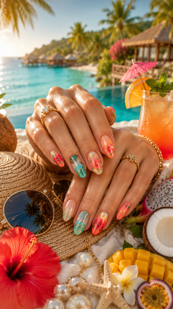 🥉 Platz 3 Tropische Nägel Urlaub mit farbenfrohen Sommerdetails