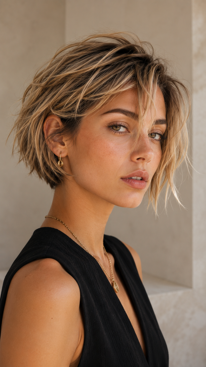 🥇 Platz 1 Asymmetrische chaotische Kurzhaarfrisuren als Mini Bob mit Broken Ends