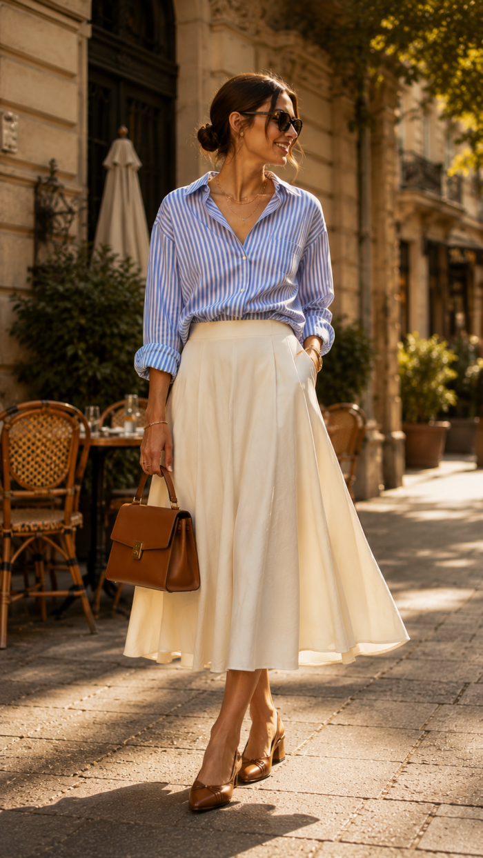 🥇 Platz 1 Der elegante Midirock mit lockerem Streifenhemd und Slingbacks
