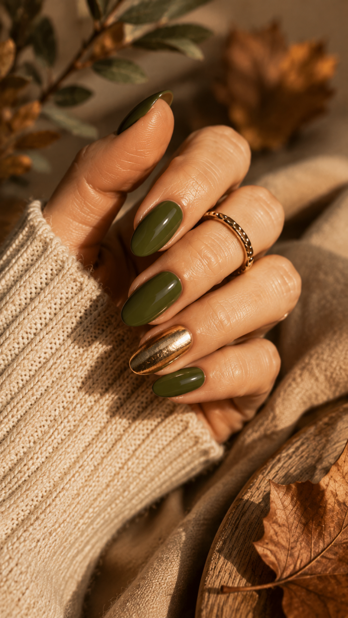 🥇 Platz 1 Smoky Olive Nageldesign Herbst Farben mit Antique Gold