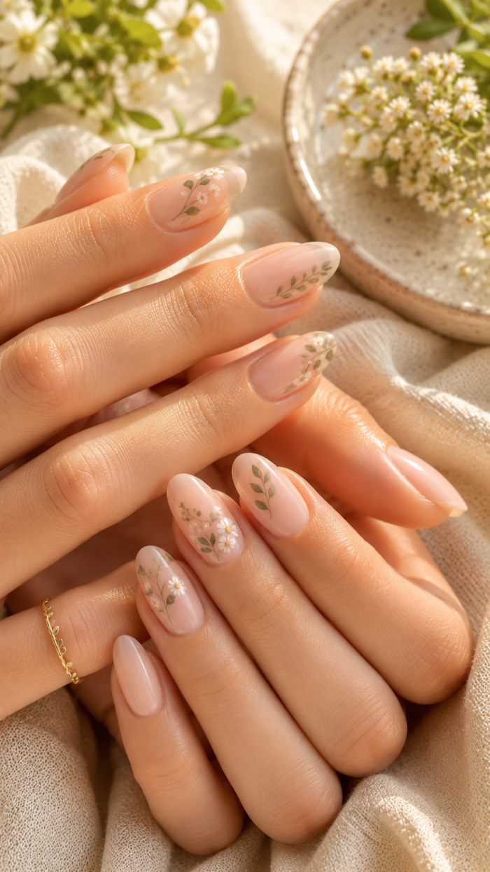 🥉 Platz 3 Botanical Nude Gel Nägel Sommer 2026 mit feinen Naturmotiven
