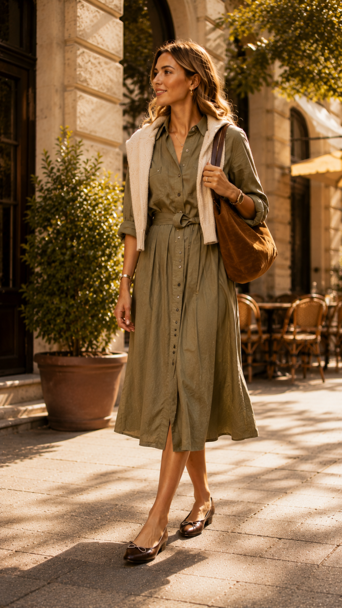 🥉 Platz 3 Das leichte Hemdblusenkleid mit Wildledertasche und eleganten Ballerinas