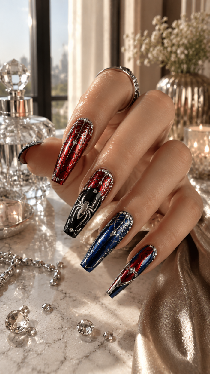 🥉 Platz 3 Glamouröse Spiderman Nägel mit Kristallen und Metallic Details