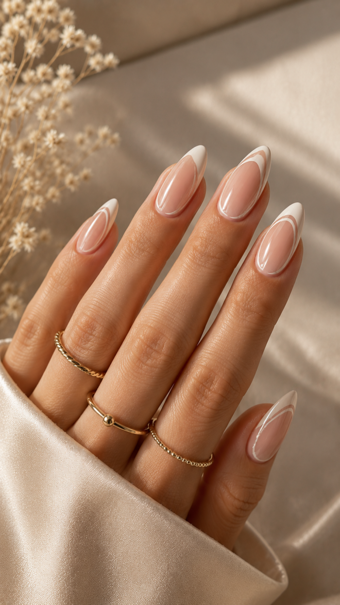 🥉 Platz 3 Sculpted French Nägel Inspiration Almond für grafische Eleganz