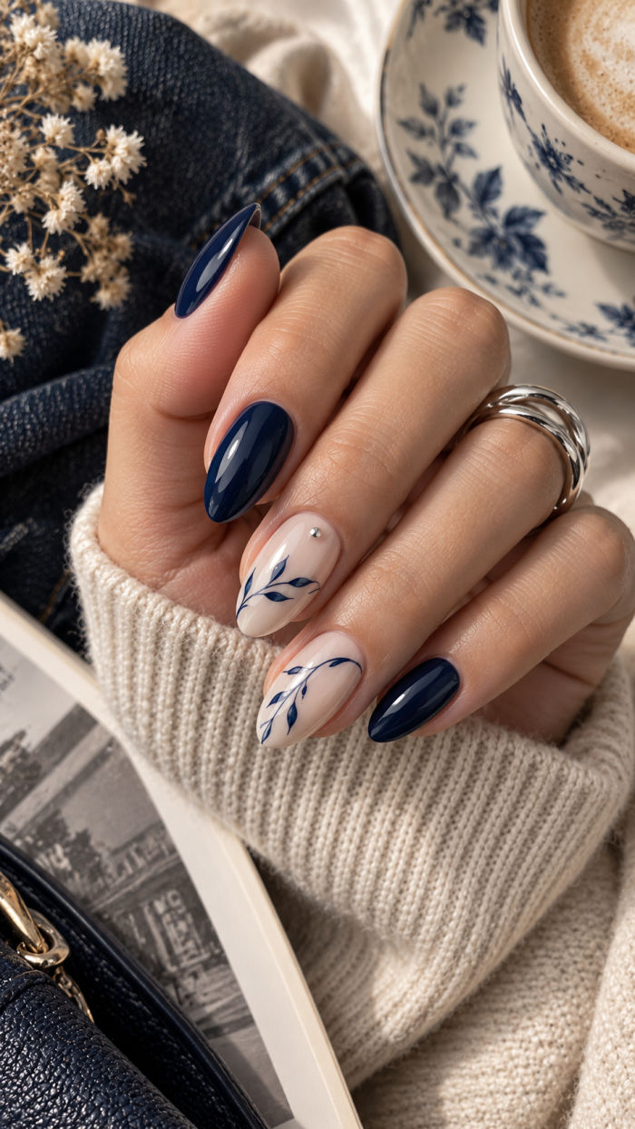 🥇 Top 1 Nägel September mit Midnight Denim und Porcelain Details