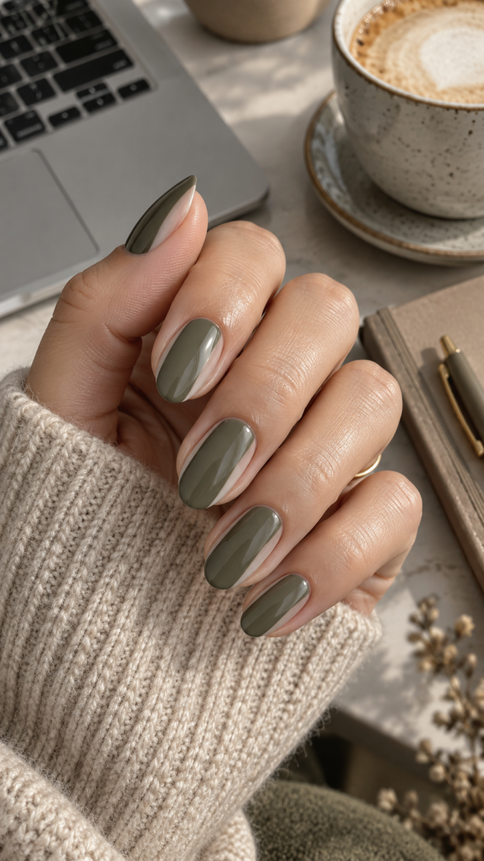 🥈 Platz 2 Muted Olive Nägel mit transparentem Side Veil