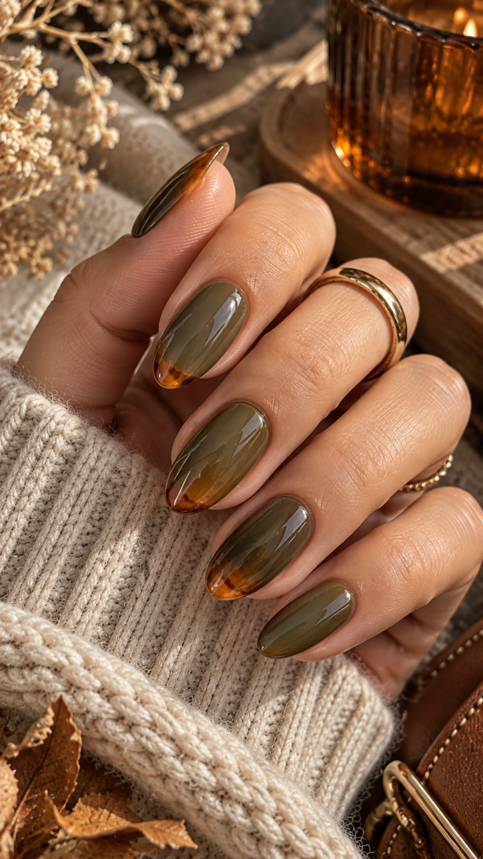 🥈 Platz 2 Rauchige Oliv Nägel mit transparentem Amber Rand