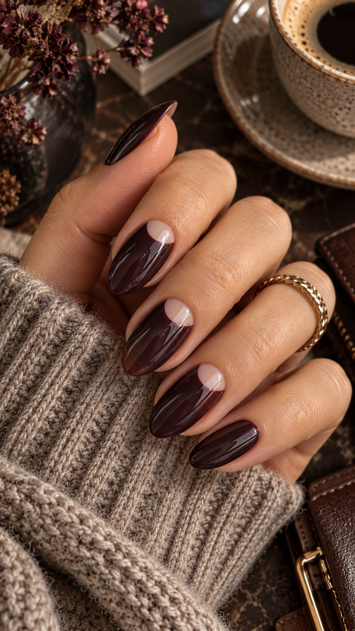 🥉 Platz 3 Espresso Pflaume Nägel mit Negative Space Halbmond
