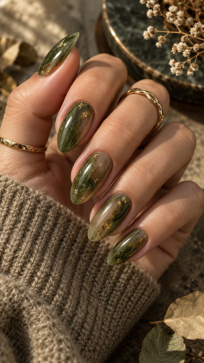 🥉 Platz 3 Moss Veil Gelnägel mit transparentem Moosgrün und schwebenden Goldpartikeln