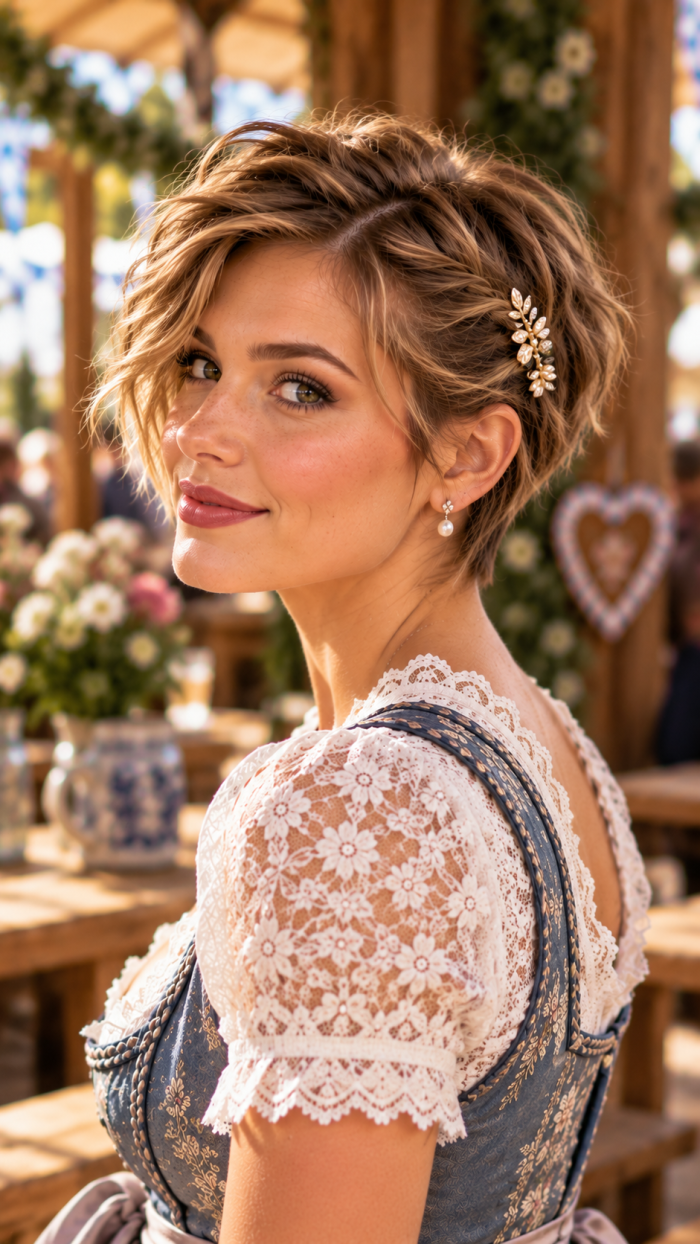 🥉 Platz 3 Wiesn Frisur Kurzhaar mit strukturiertem Pixie und eleganter Schmuckspange