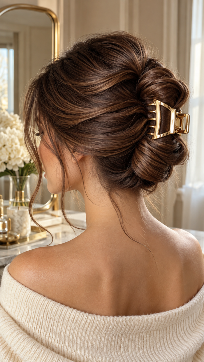 🥇 Platz 1 Frisur mit Haarklammer als elegante gefaltete Haarwelle mit skulpturalem Schwung