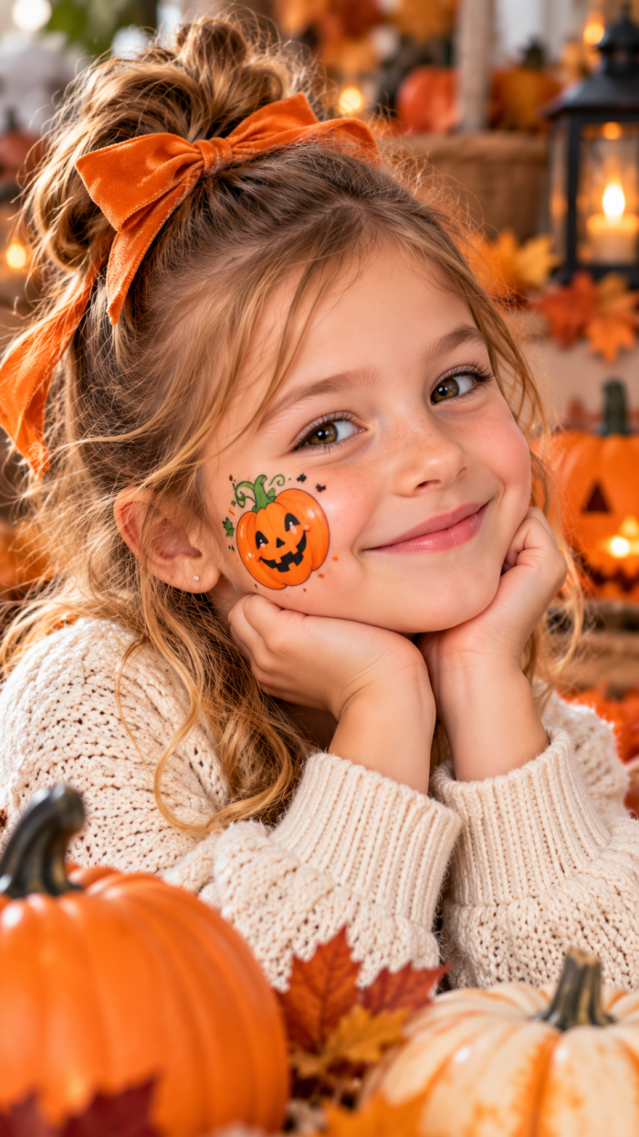 🥇 Platz 1 Halloween Schminken Kinder mit einem süßen Mini-Kürbis auf der Wange