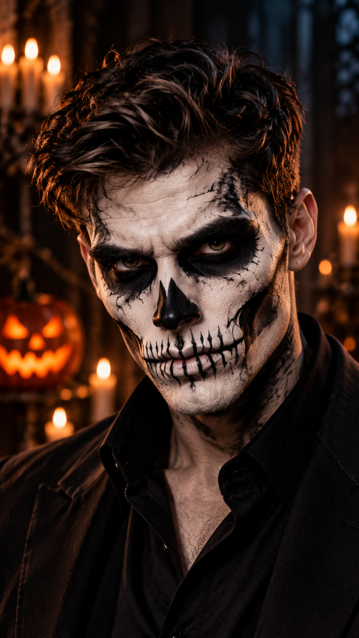 🥇 Platz 1 Halloween Schminken Mann als gruseliger Totenkopf