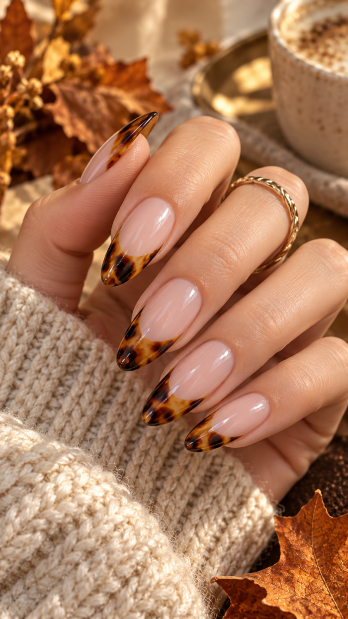 🥇 Platz 1 Herbst Nägel Tortoiseshell als transparente Glass French Nails