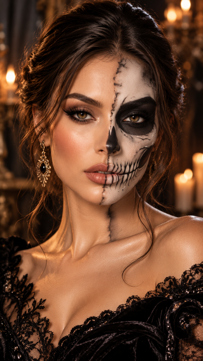 🥇 Platz 1 Skelett Make-up einfach für Frauen als eleganter Half Face Glamour Look