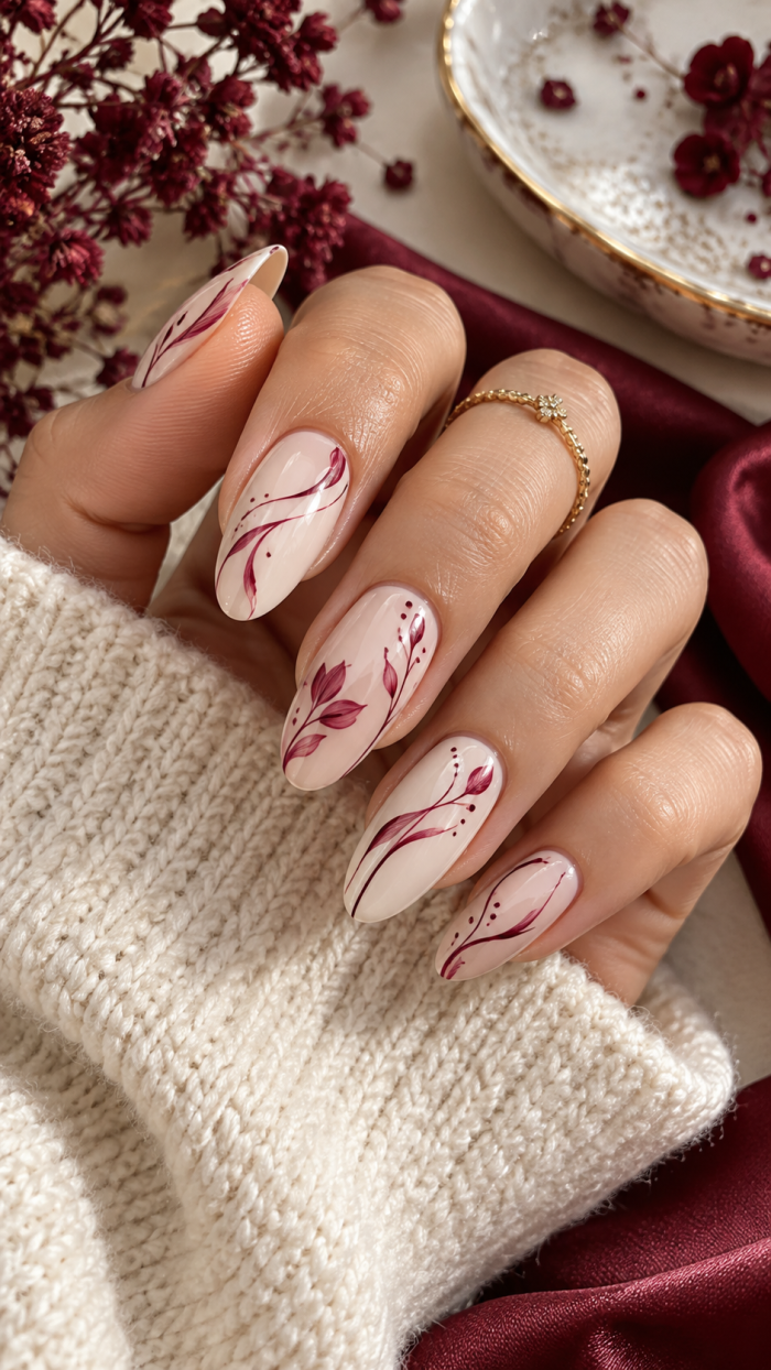 🥉 Platz 3 Burgunder Nägel mit feinen Porcelain Lines