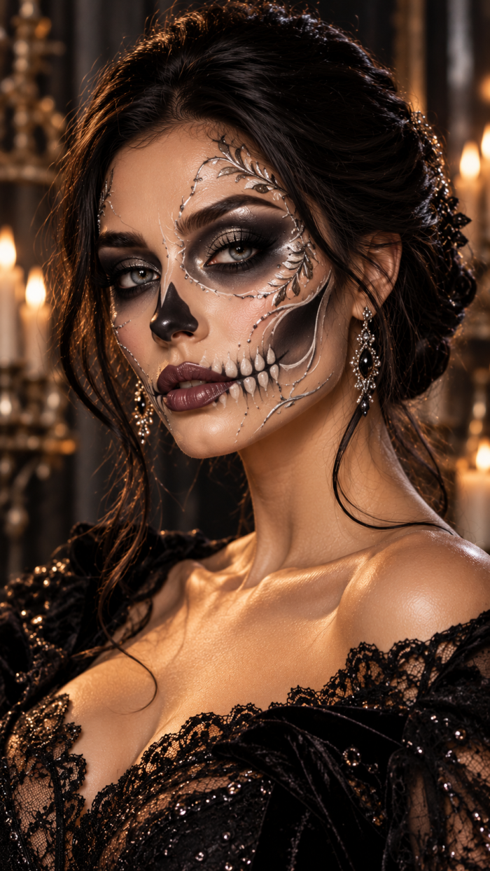 🥉 Platz 3 Skelett Make-up einfach für Frauen mit Midnight Silver Konturen und grafischem Design