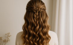 Halb offene Frisur geflochten mit Locken – der Look der dir Komplimente ohne Ende bringt