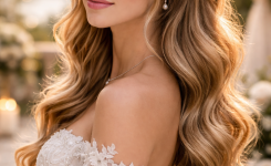 Platz 1 Brautfrisuren halboffen mit sanften Hollywood Wellen für zeitlose Eleganz