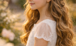 Platz 2 erstkommunion frisur mit blumenkranz Halboffen mit Flechtelementen