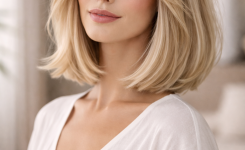 Platz 3 Bob frisuren mittellang blond mit Curtain Bangs für mehr Dynamik